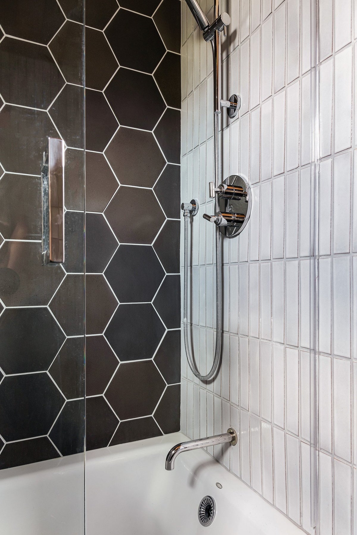 Hexagon shower wall meets white 2x6