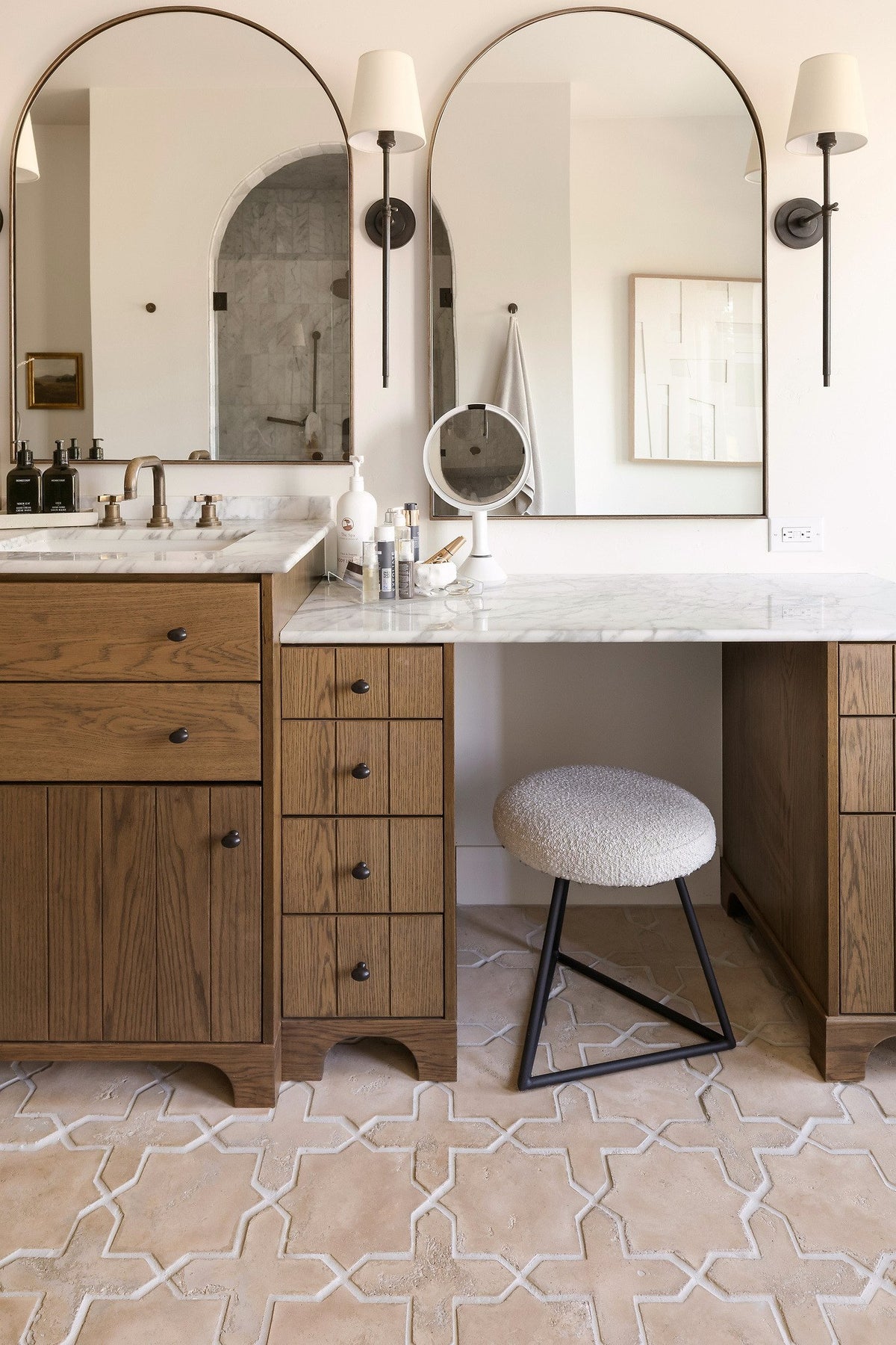 Vanity and seat on warm tile