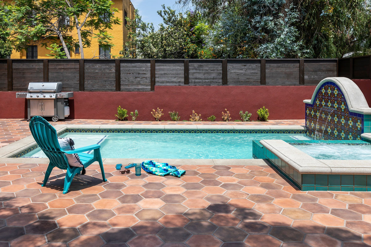 Backyard pool with hexagon deck