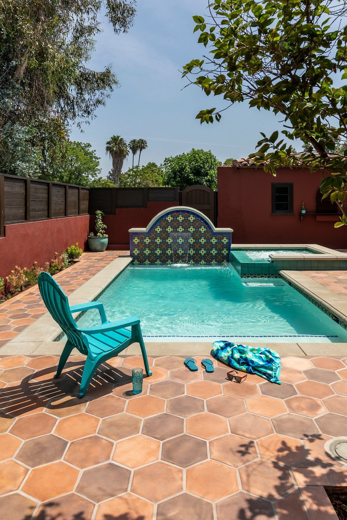 Pool and tiled fountain wall