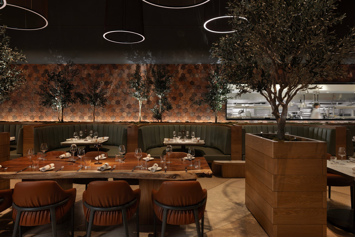 Dining room with hexagon feature wall