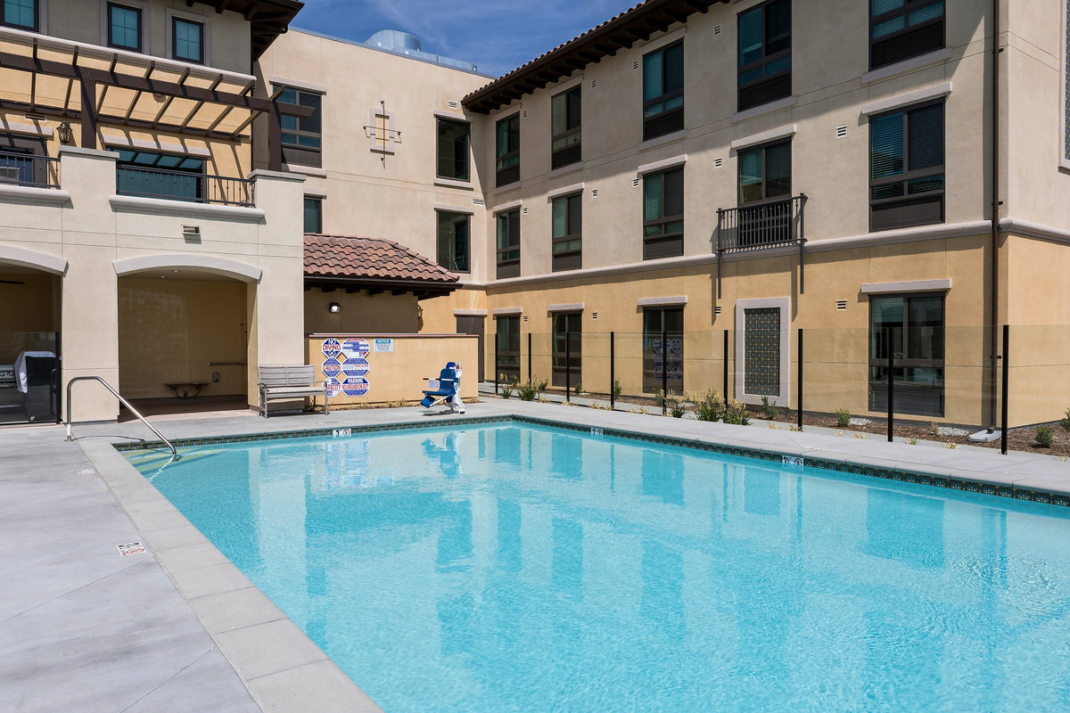 Pool courtyard and building