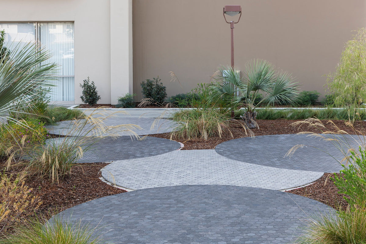 Hex mosaic circles in the garden