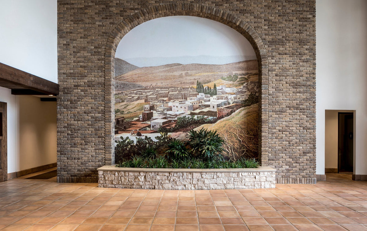 Arched mural niche and tile floor