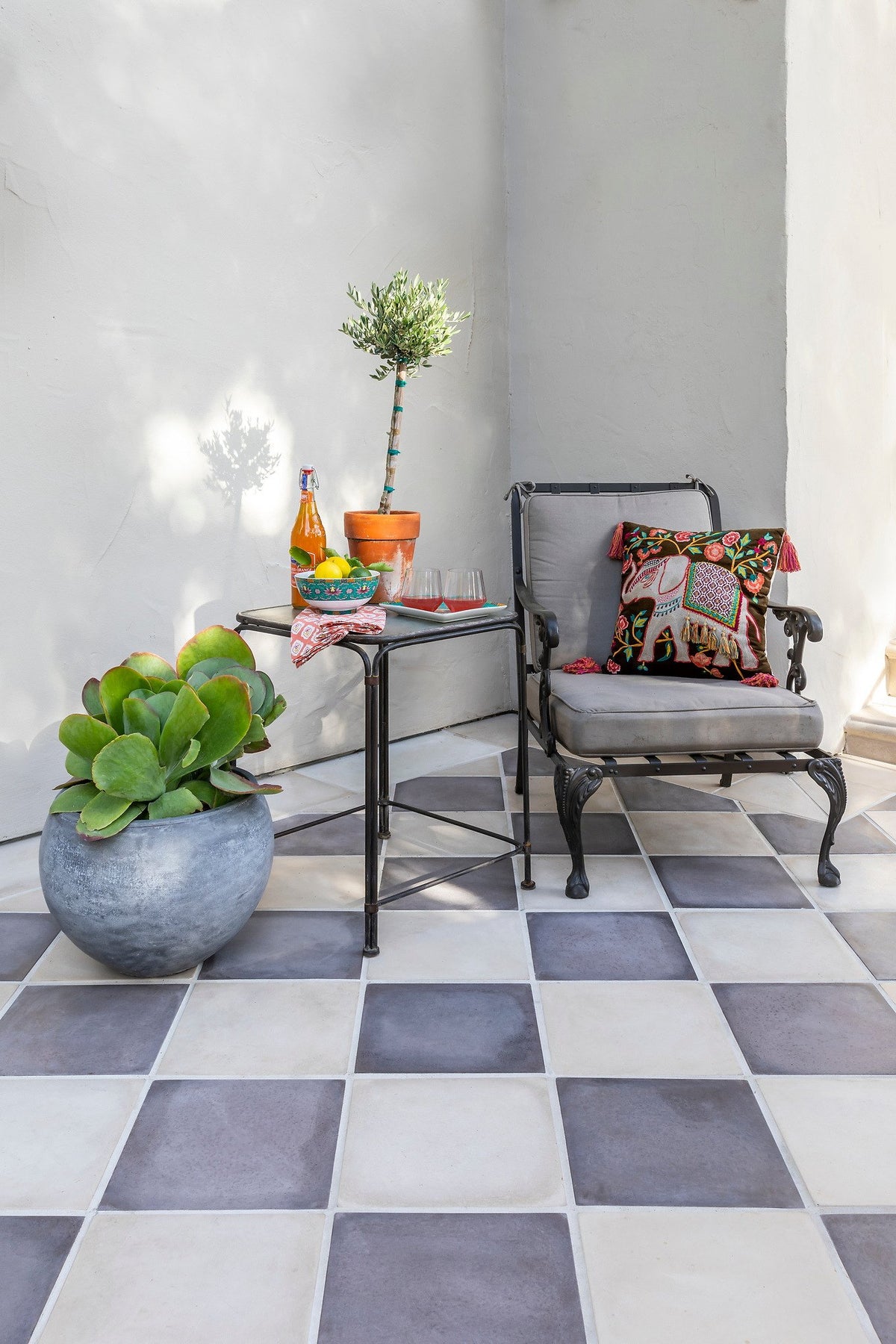 Seating corner on checkered tile