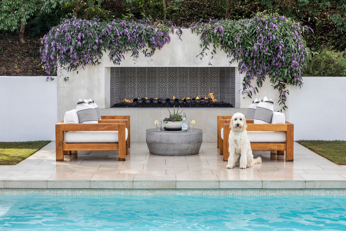 Poolside lounge facing the fireplace