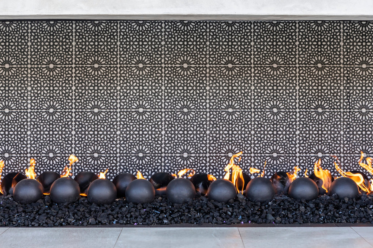 Flames against black and white decos