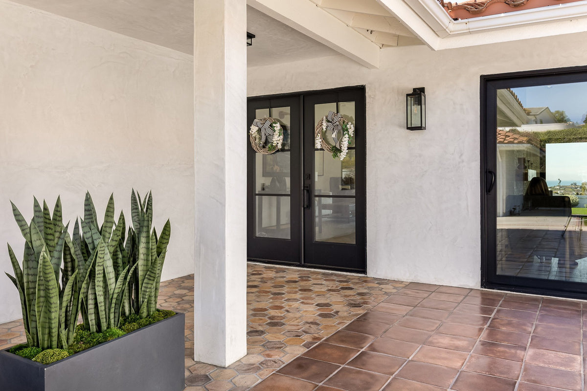 Hexagon entry beside Cotto Dark porch