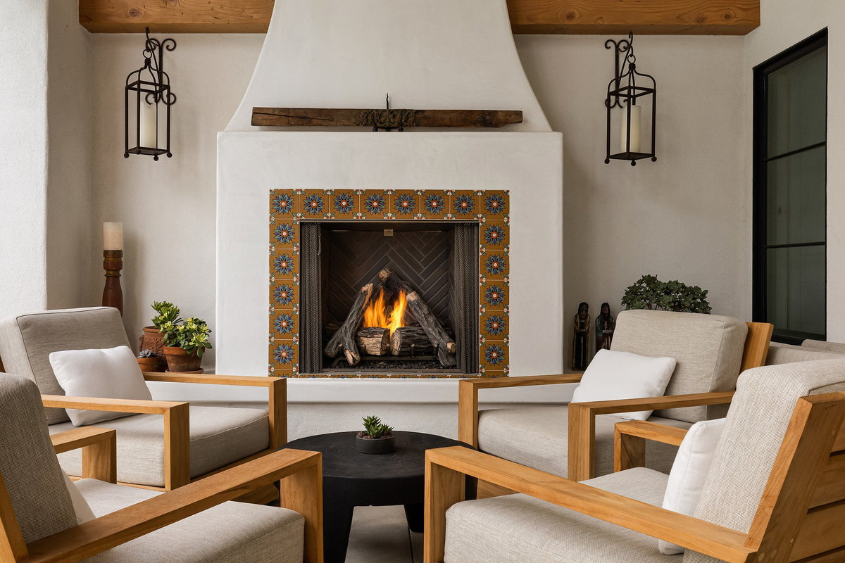Outdoor fireplace with deco surround
