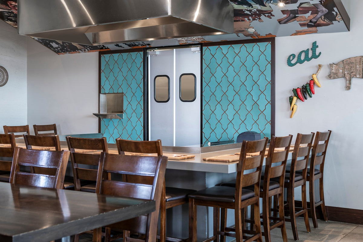 Grill counter with Turquoise wall