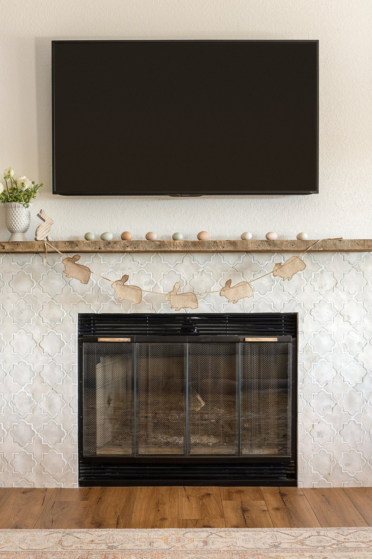 Fireplace with rustic wood mantel
