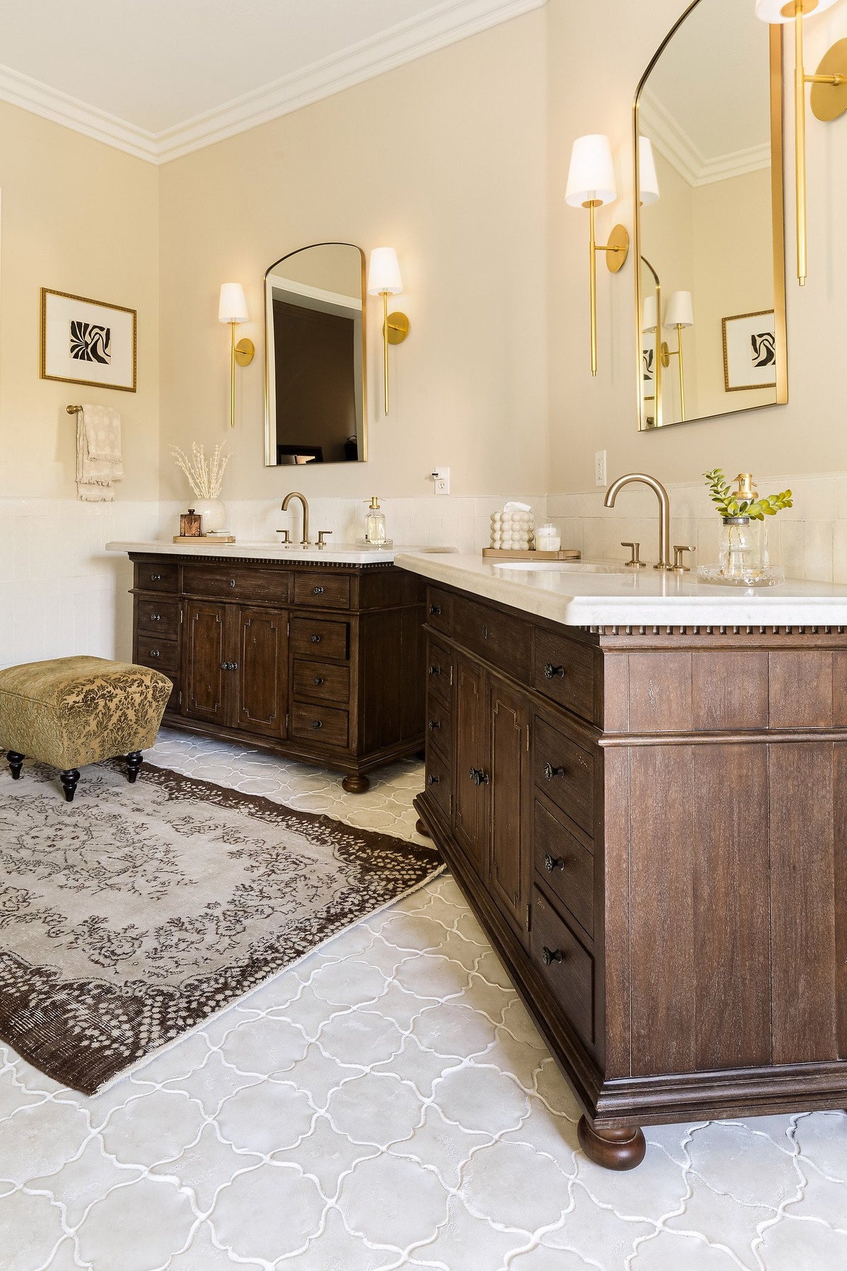 Wood vanities on Rice Limestone floor