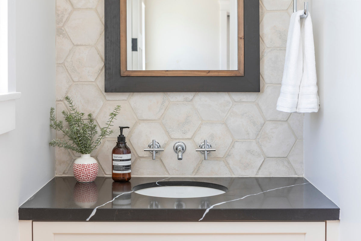 Vanity wall of 6" Hexagon in Early Gray