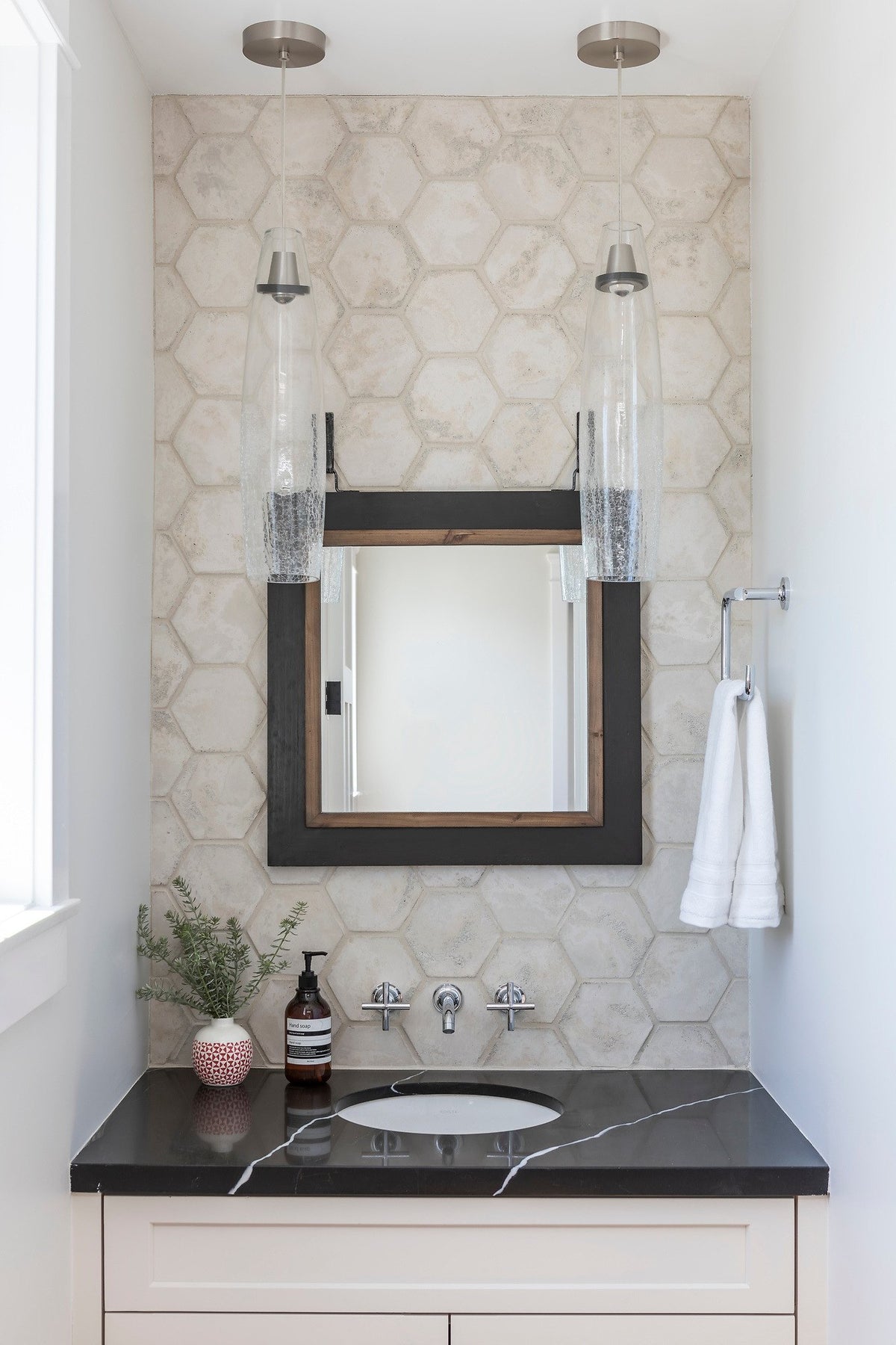 Powder room hexagon feature wall