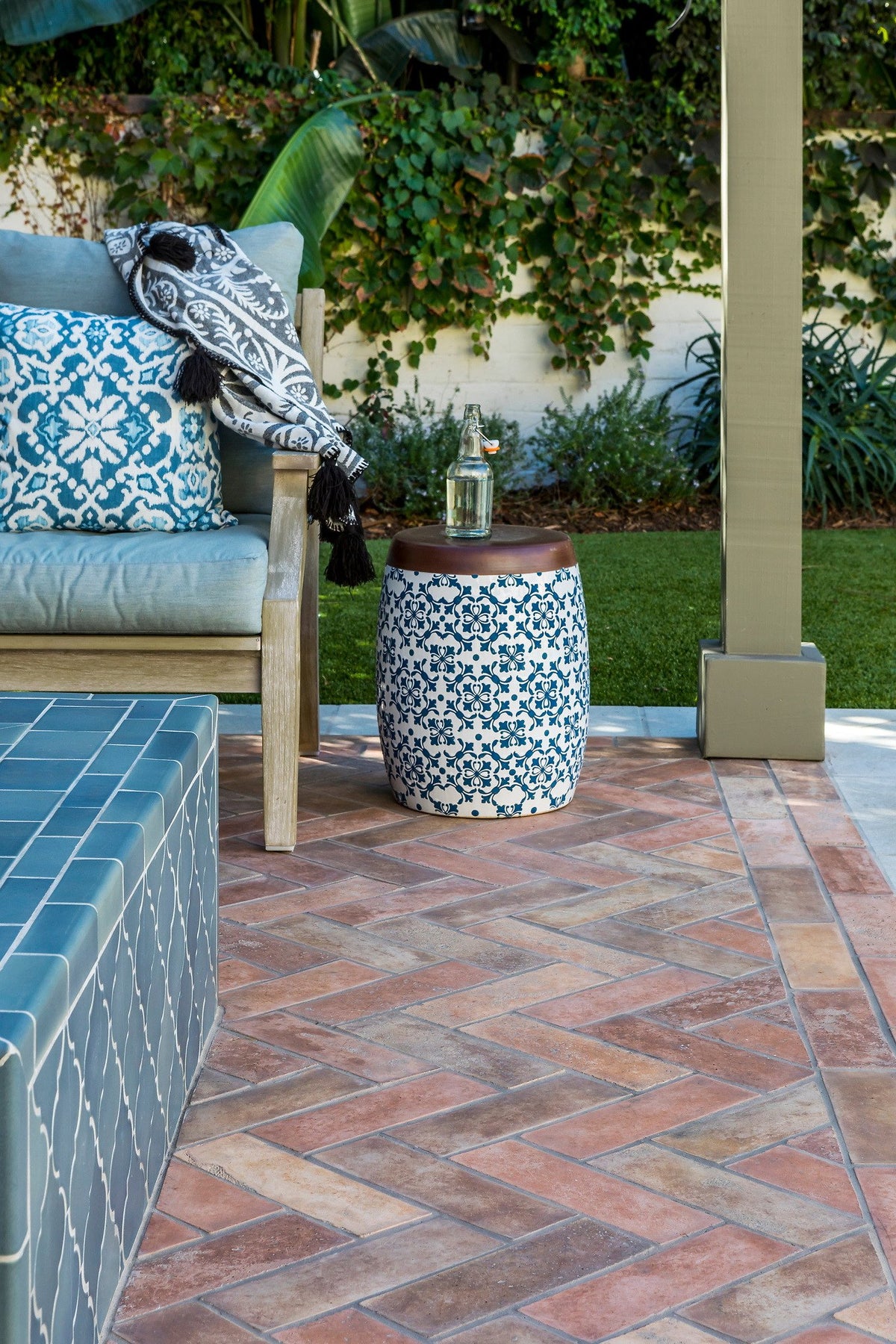 Herringbone floor under the pergola