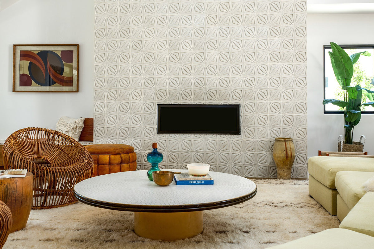 Fireplace wall above the seating area