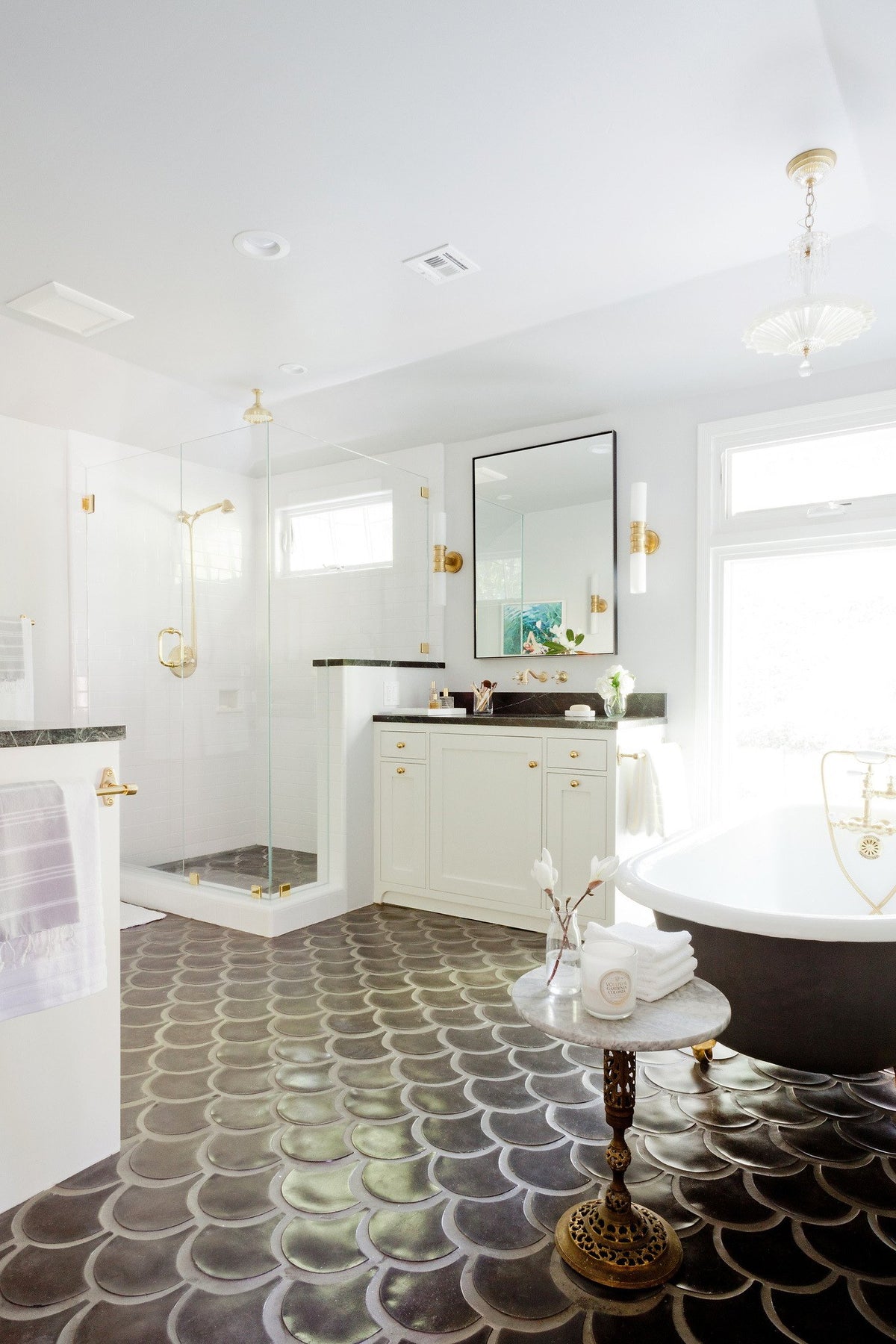 Shower, vanity and tub beyond