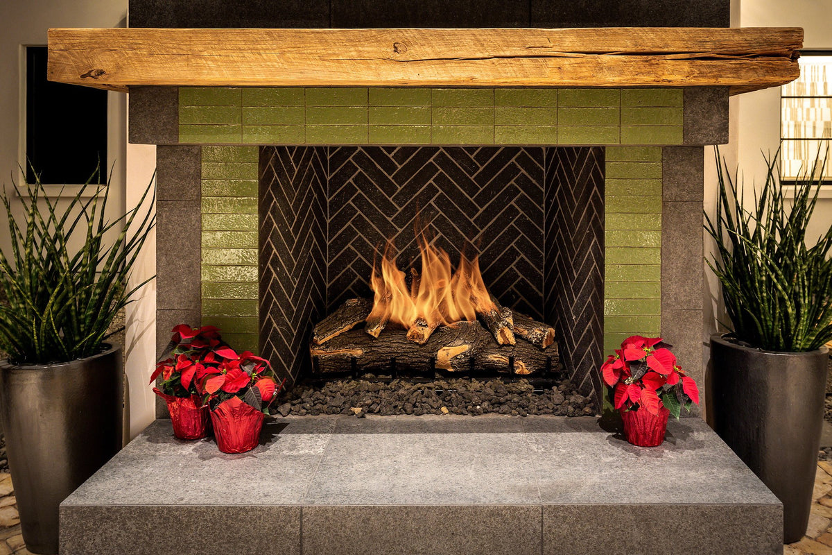 Outdoor fireplace in green glazed brick