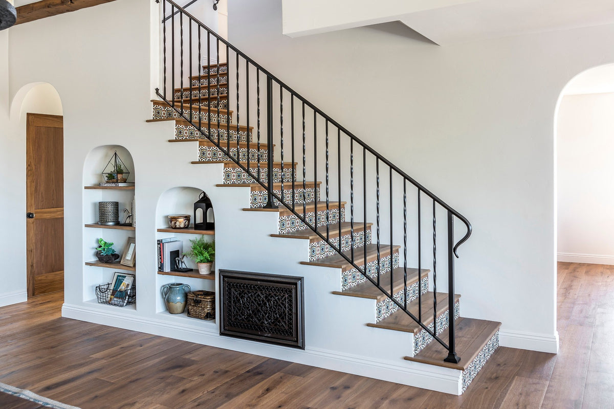 Staircase with decorative tile risers