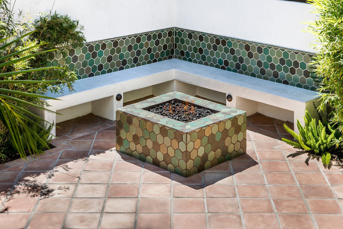 Fire pit and bench in hexagon tile