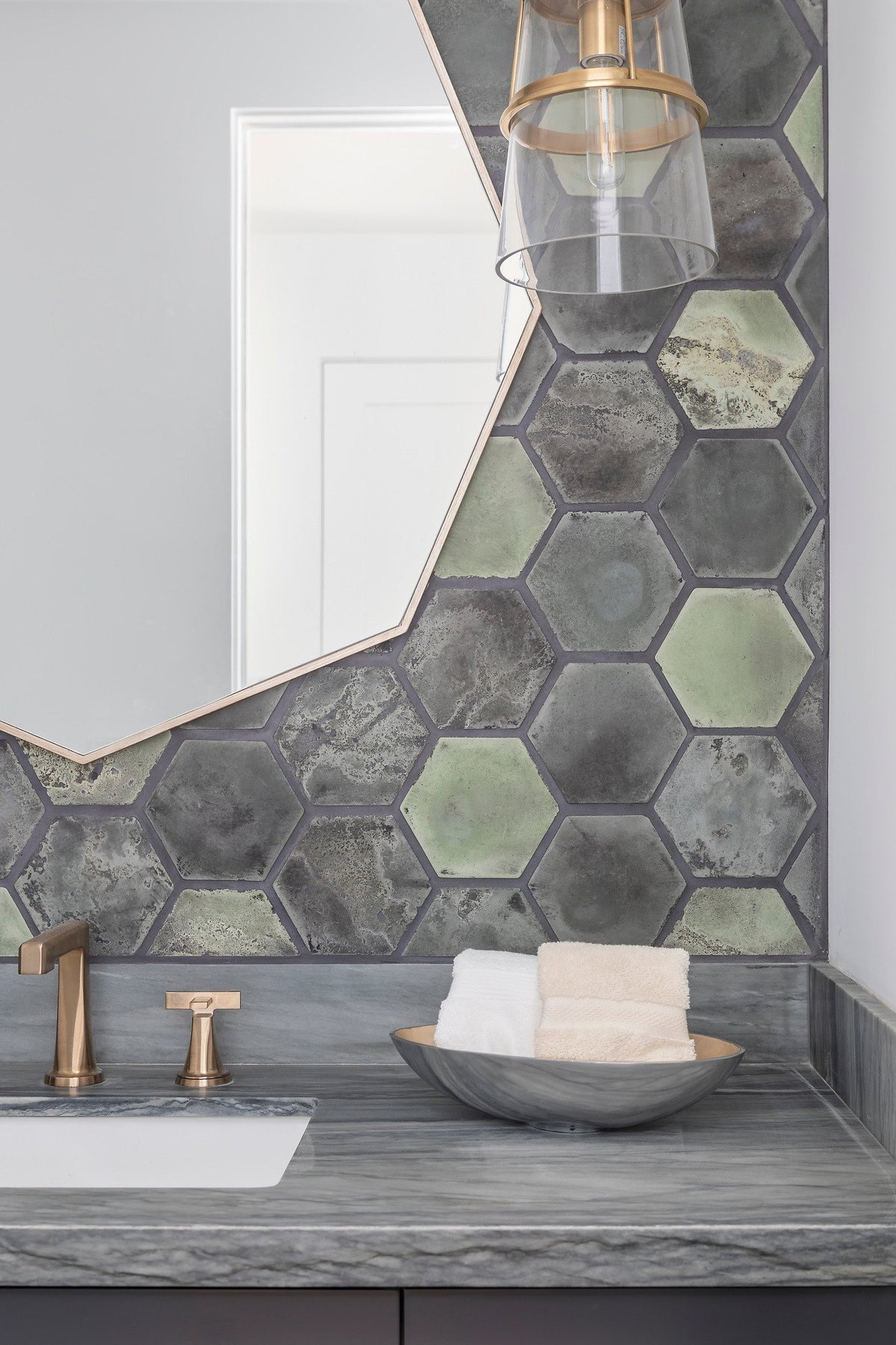 Hexagon tile around the angled mirror