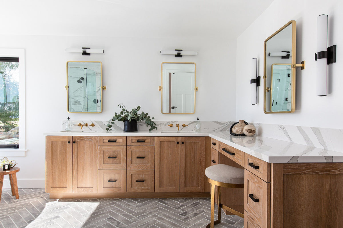 Double vanity on gray herringbone floor