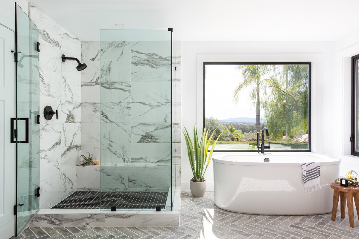 Shower and tub over 4x16 herringbone