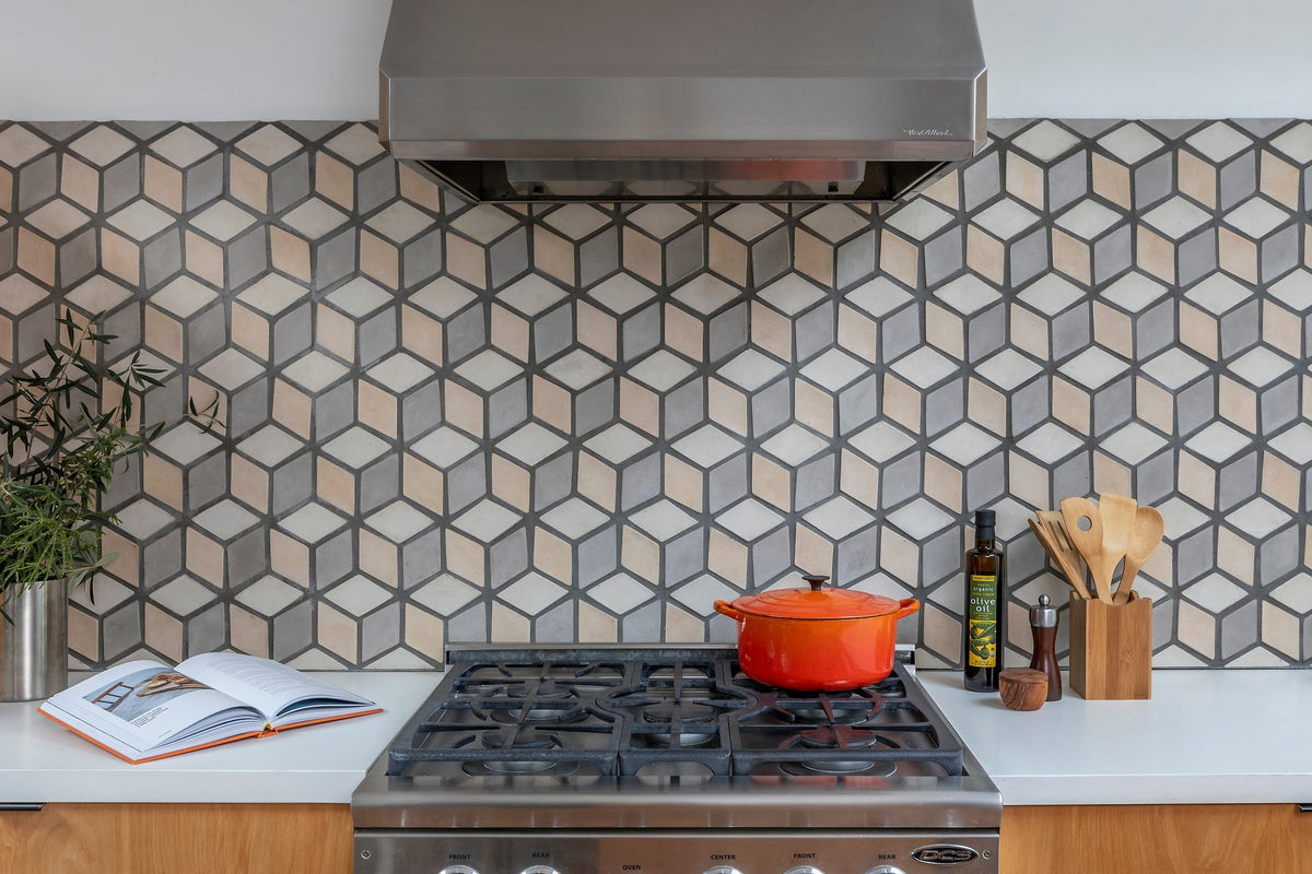 Diamond backsplash behind the range