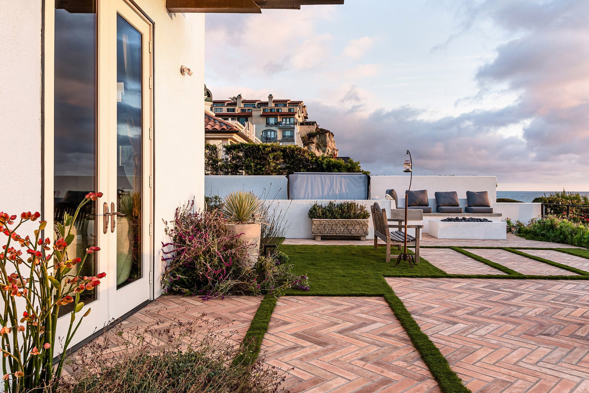 View across the herringbone patio