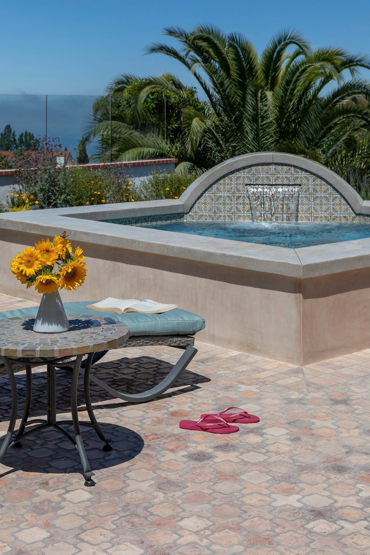 Spa fountain above the patio