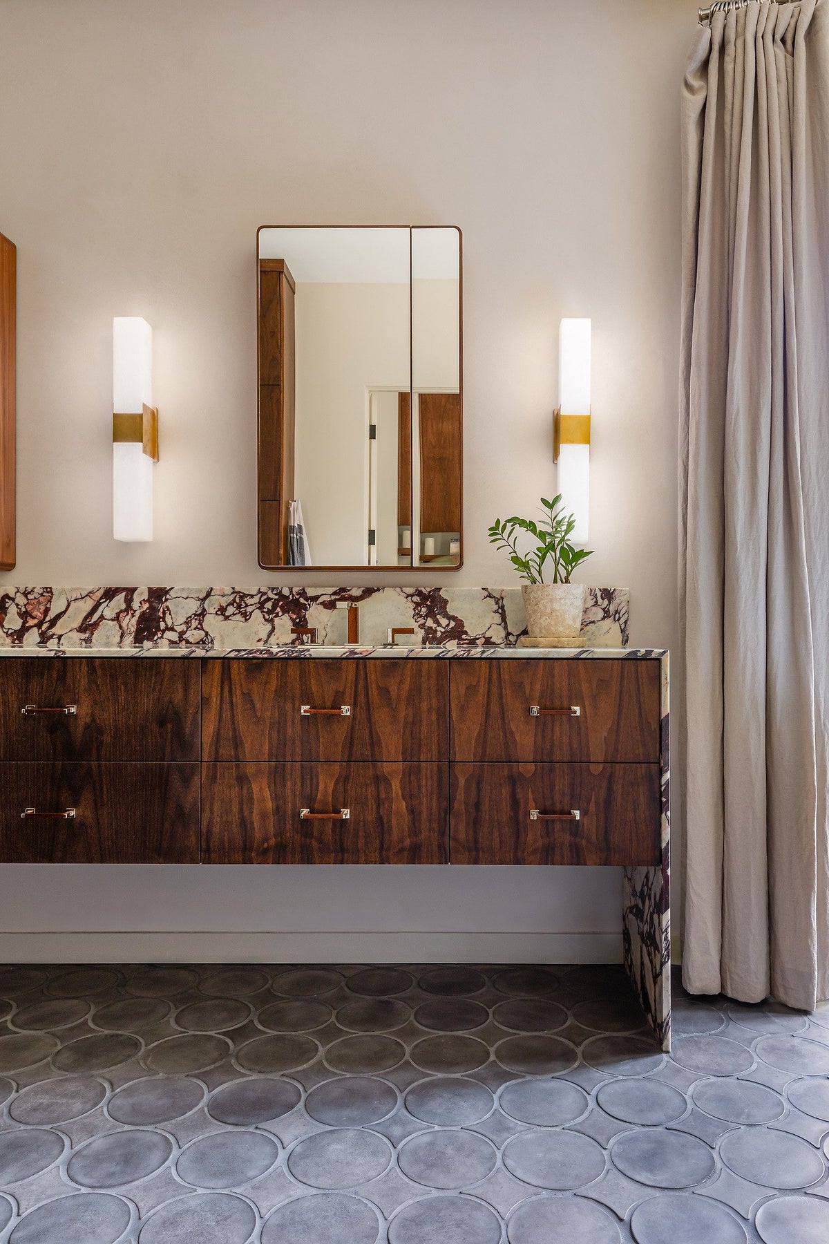 Walnut vanity over Big 9A tile