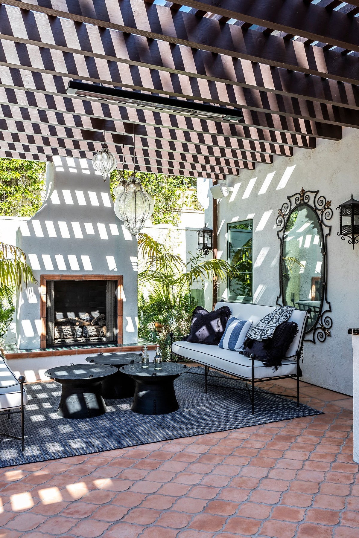 Covered patio with outdoor fireplace