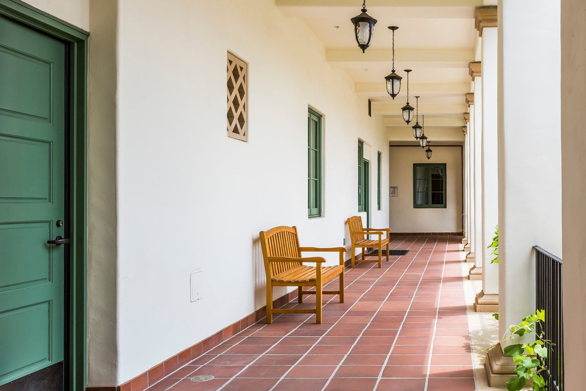 Covered walkway with benches