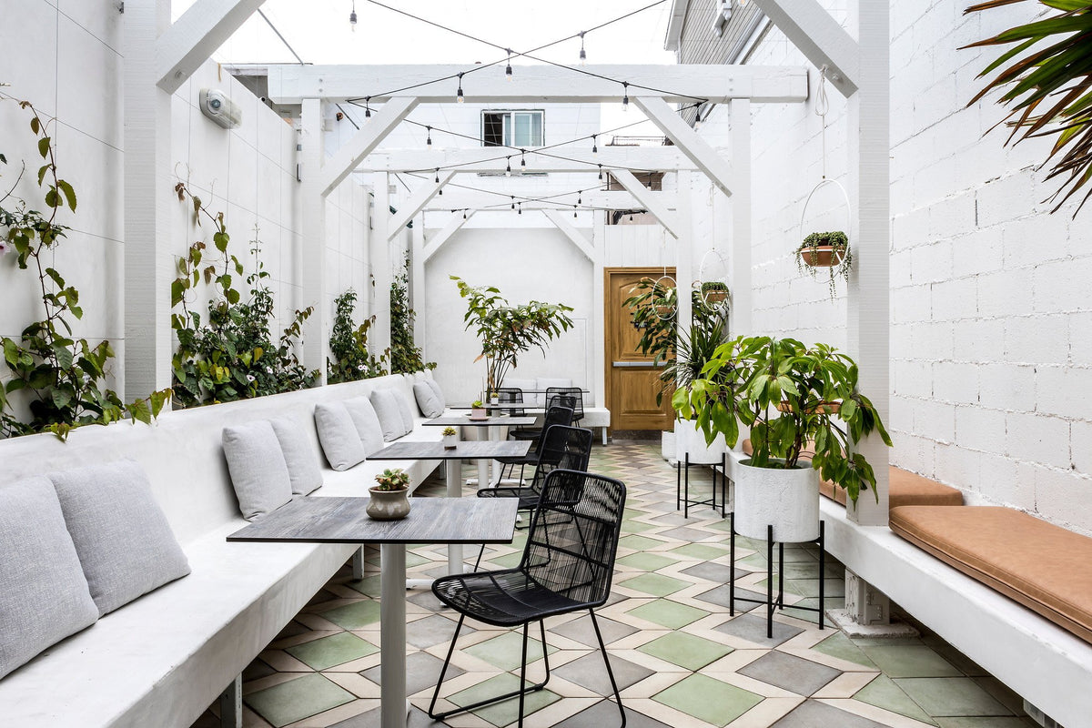 Dining patio with Roman tile floor