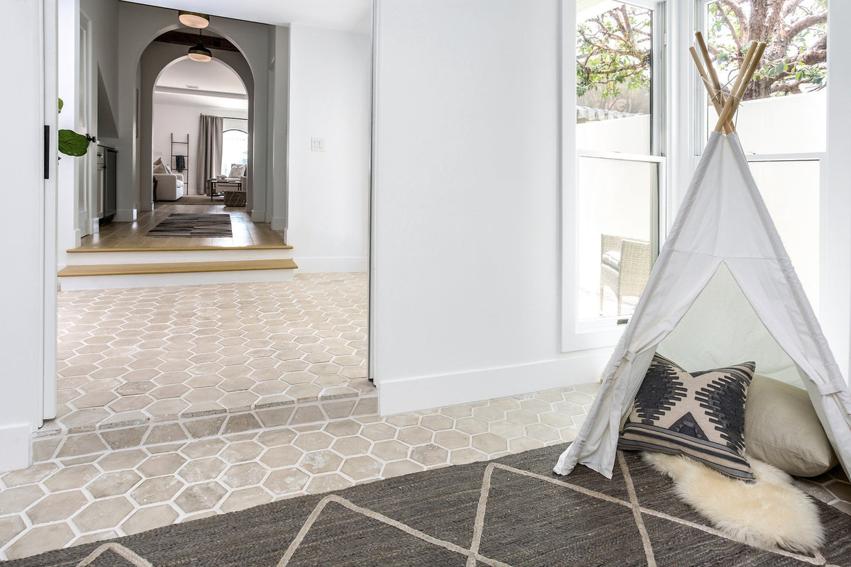 Hallway and playroom in hexagon tile