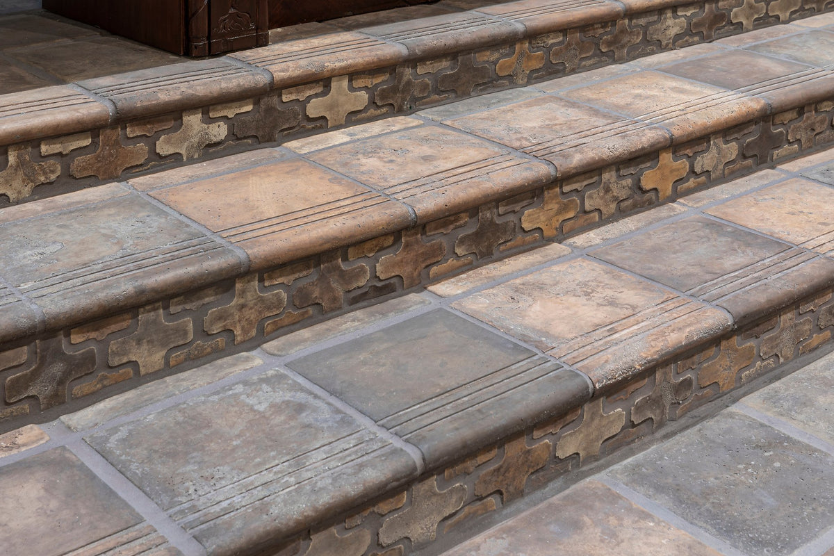 Close-up of grooved stair treads