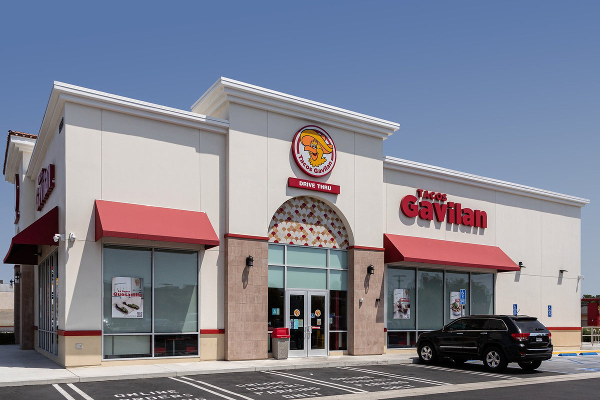 Restaurant front with tiled entry arch