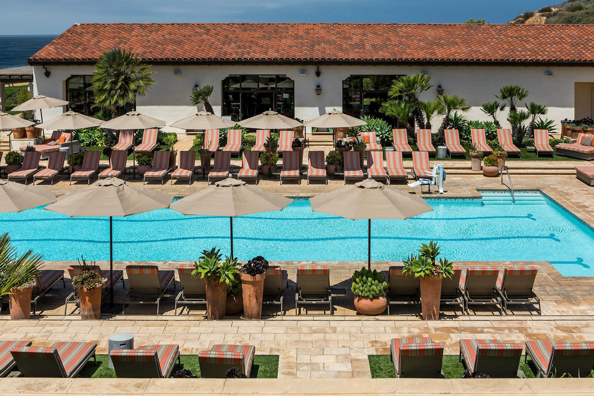 Pool deck below the spa building
