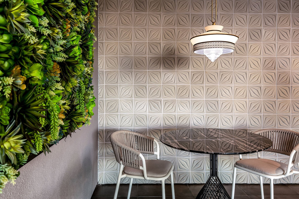 Seating nook beside a living wall