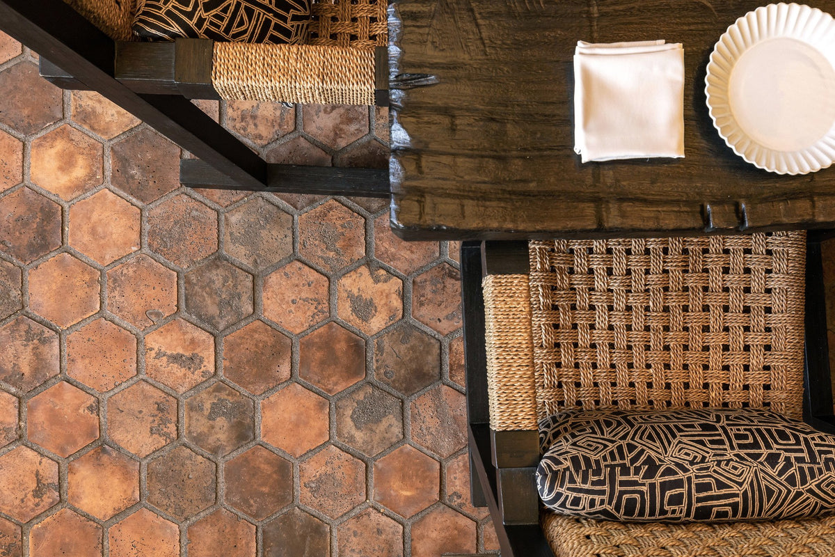 Table setting over hexagon tile