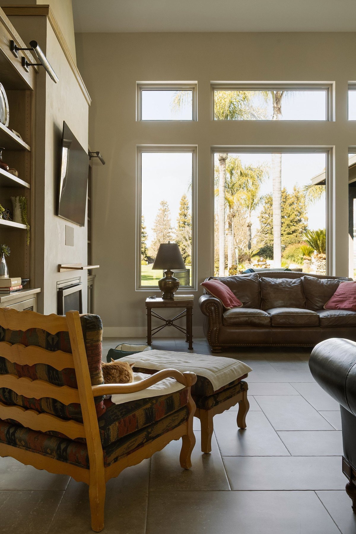 Sitting area by tall windows