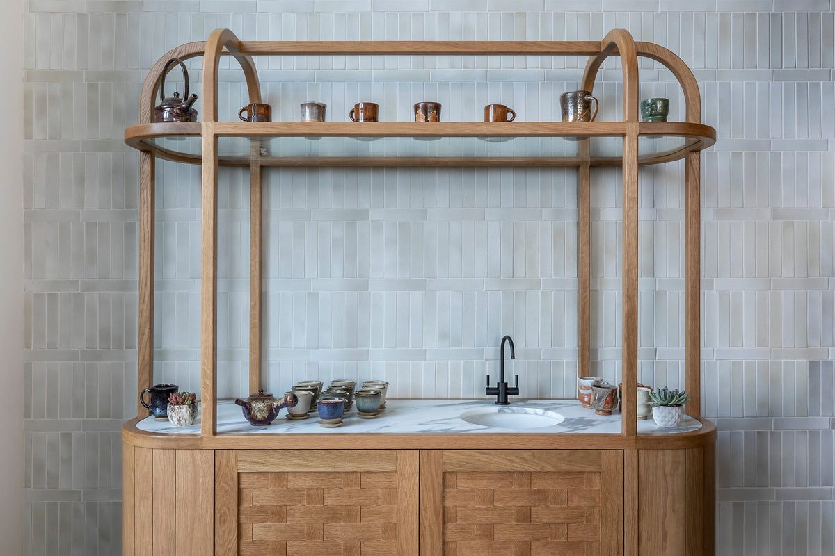 Wood hutch against Sierra Snow tile